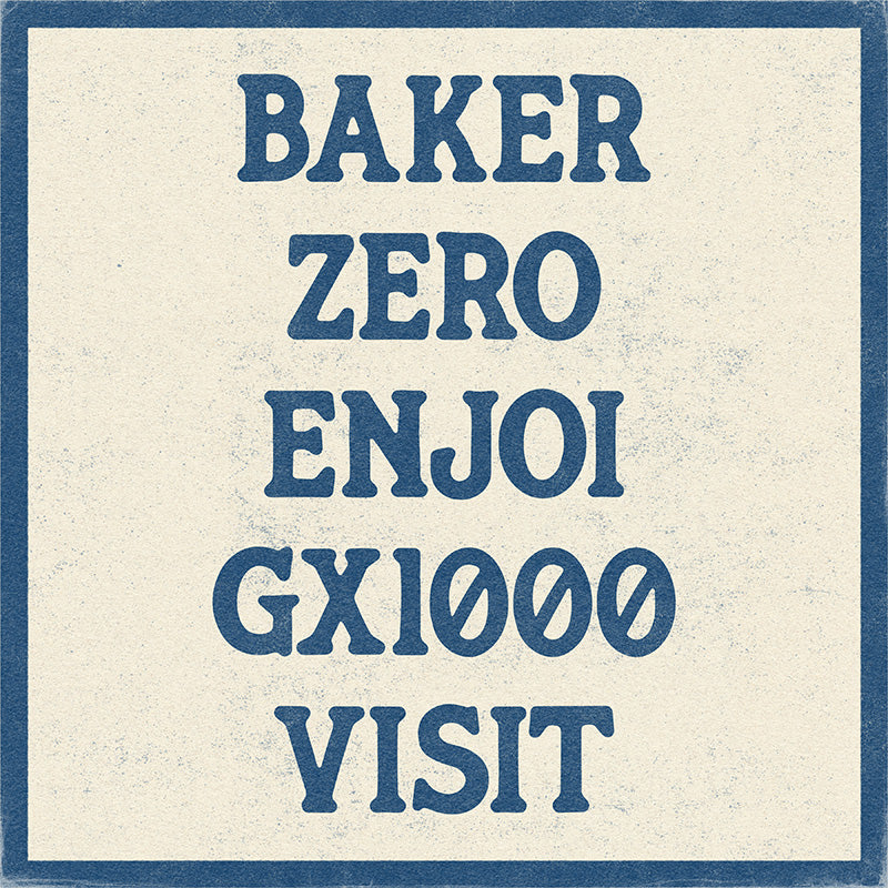 Herringbone font word examples reading BAKER, ZERO, ENJOI, GX1000, and VISIT