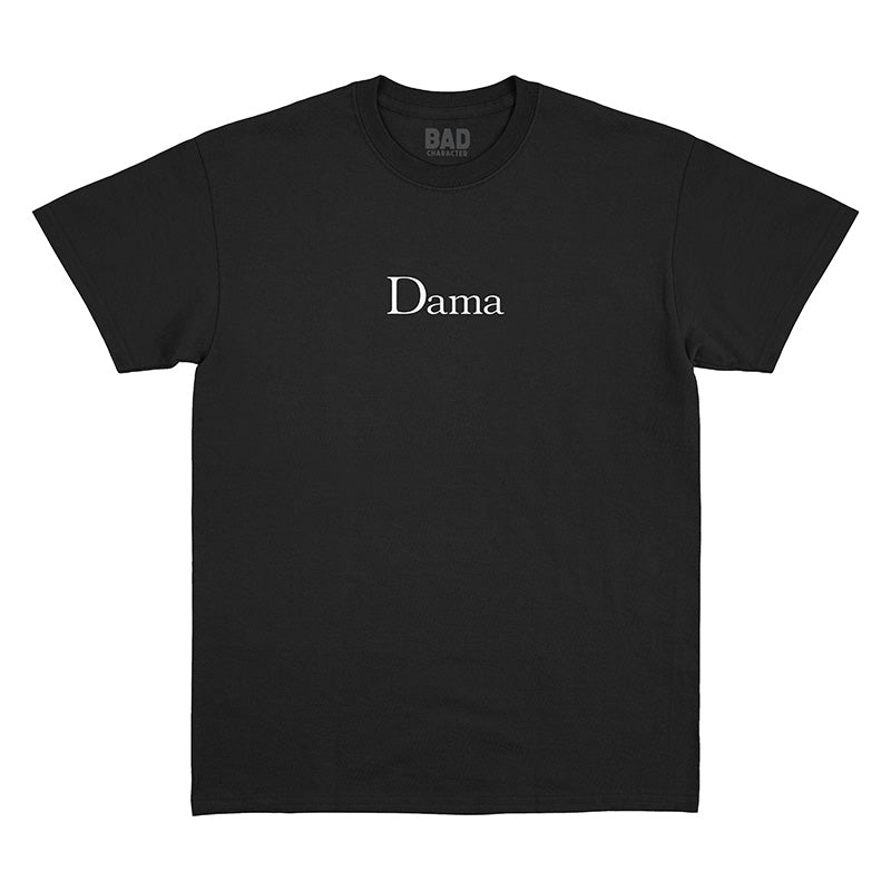 Front view of black t-shirt with small white 'Dama' text printed on front chest