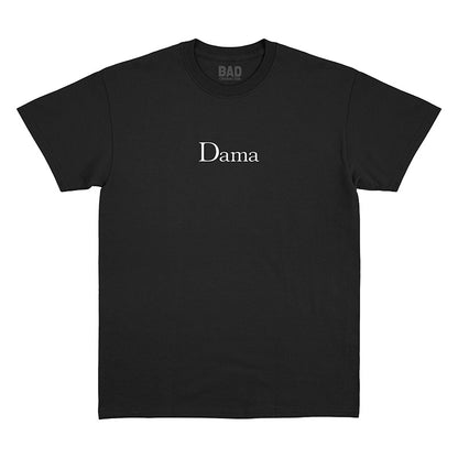 Front view of black t-shirt with small white 'Dama' text printed on front chest