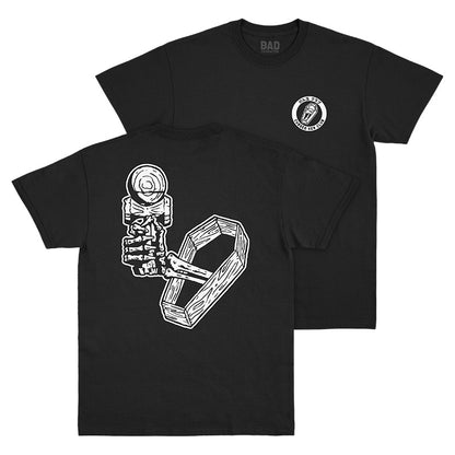 Front and Back views of black t-shirt with Cursed Ken Club coffin logo left chest print and large skeleton hand kendama back print