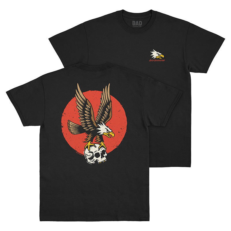 Front and Back view of black t-shirt with eagle logo on left chest and large flying eagle holding a skull back print