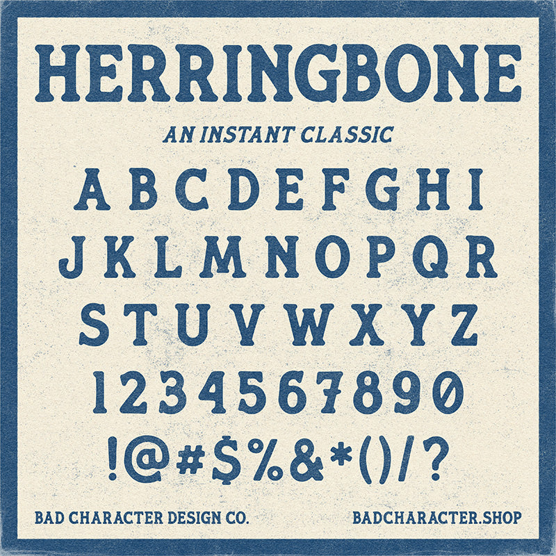 Herringbone font specimen showing uppercase A-Z, numbers and basic punctuation