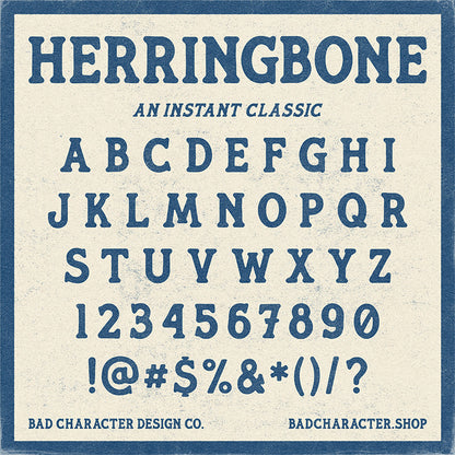 Herringbone font specimen showing uppercase A-Z, numbers and basic punctuation