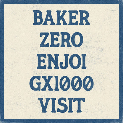 Herringbone font word examples reading BAKER, ZERO, ENJOI, GX1000, and VISIT