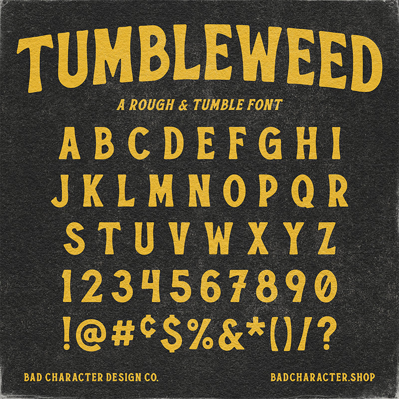 Tumbleweed font specimen showing uppercase A-Z, numbers and basic punctuation
