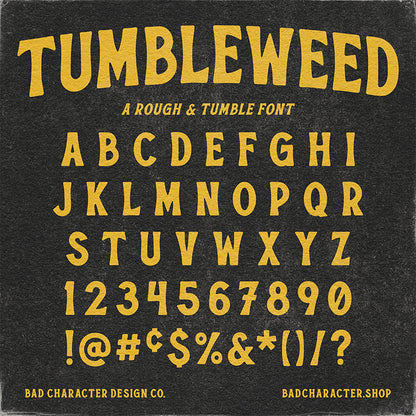 Tumbleweed font specimen showing uppercase A-Z, numbers and basic punctuation