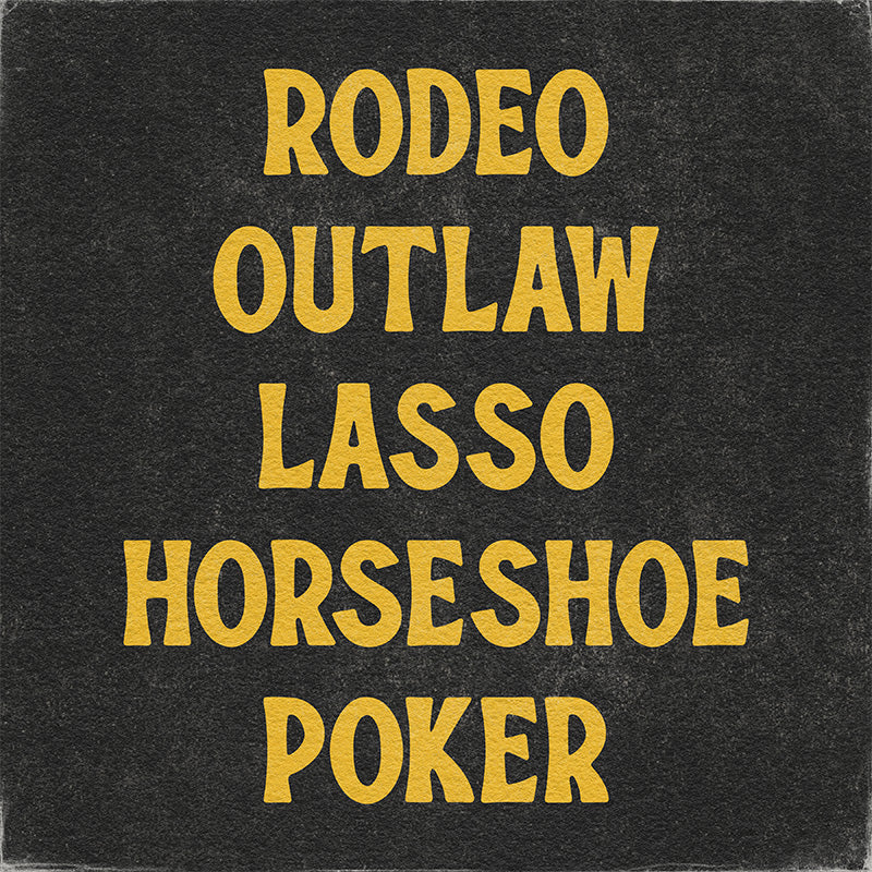 Tumbleweed font word examples reading RODEO, OUTLAW, LASSO, HORSESHOE, POKER
