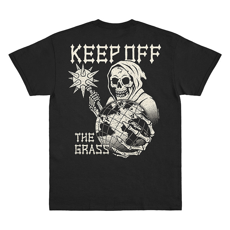 Back view of black t-shirt with ‘Keep Off the Grass’  text and a hooded skeleton wielding a spike mace and holding the Earth