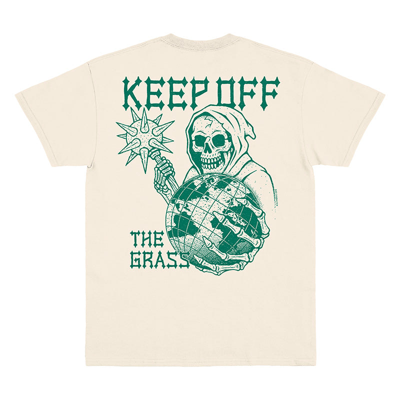 Back view of natural t-shirt with ‘Keep Off the Grass’  text and a hooded skeleton wielding a spike mace and holding the Earth
