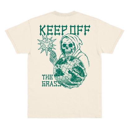 Back view of natural t-shirt with ‘Keep Off the Grass’  text and a hooded skeleton wielding a spike mace and holding the Earth