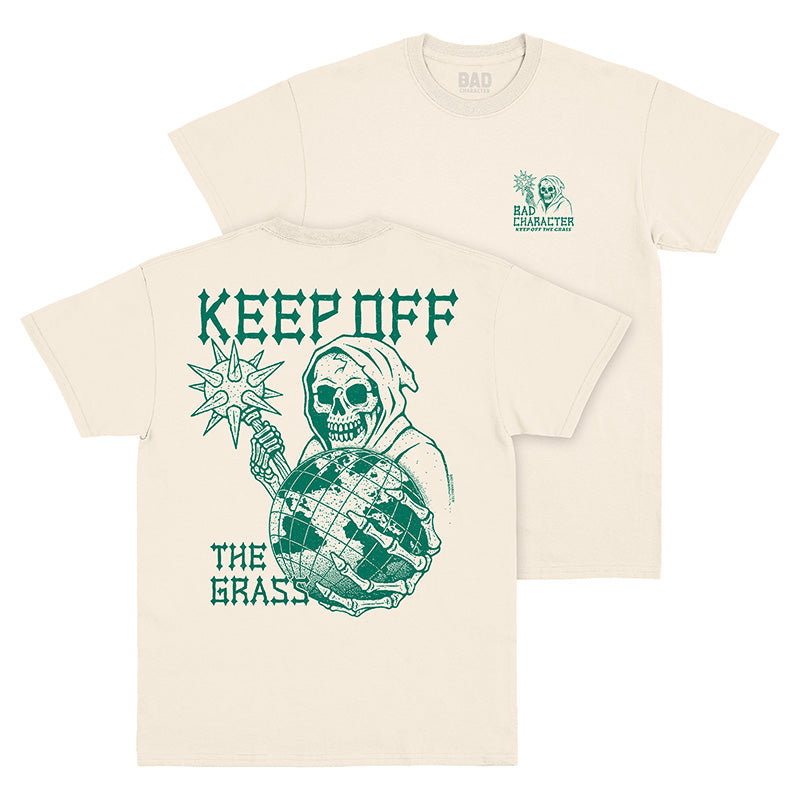 Front and Back views of natural t-shirt with logo on left chest and large ‘Keep Off the Grass’ back print