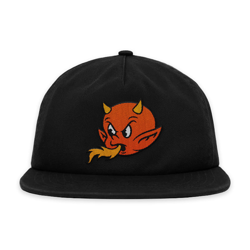 Front view of black snapback hat with embroidered red devil head and flame