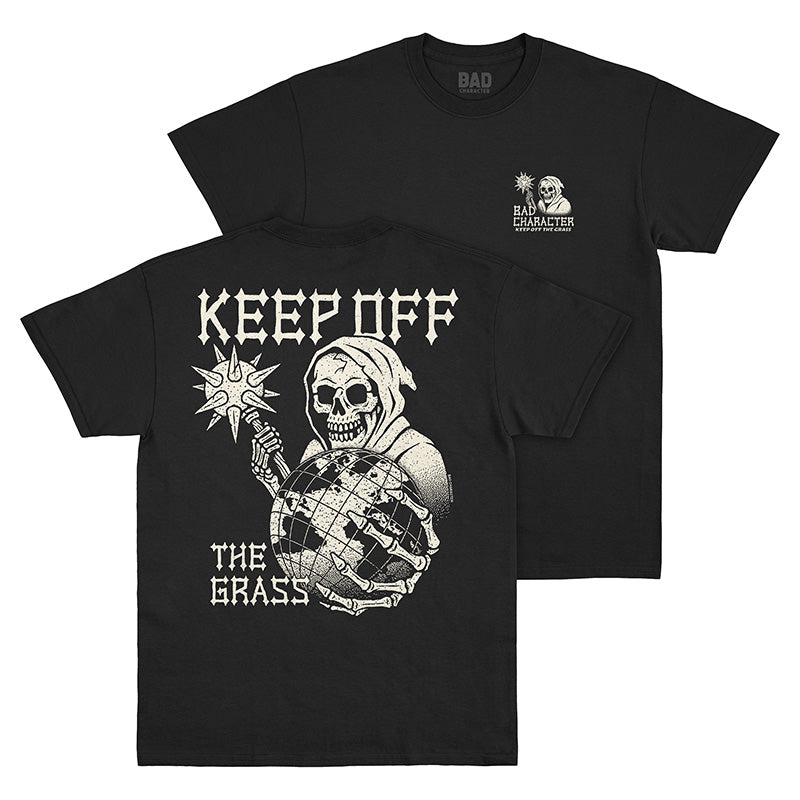 Front and Back views of black t-shirt with logo on left chest and large ‘Keep Off the Grass’ back print