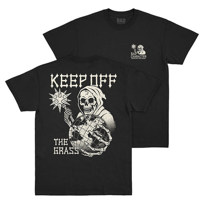 Front and Back views of black t-shirt with logo on left chest and large ‘Keep Off the Grass’ back print